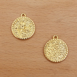 Golden Alloy Pendants, Flat Round with Flower, Golden, 21x18mm