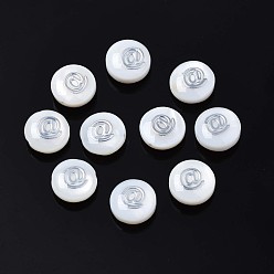 Platinum Natural Freshwater Shell Beads, with Platinum Plated Brass Metal Embellishments, Flat Round with Mark @, Platinum, 8x4.5mm, Hole: 0.6mm