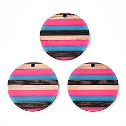 Deep Pink Opaque Resin & Walnut Wood Pendants, Flat Round Charm, Deep Pink, 30x3.5mm, Hole: 2mm