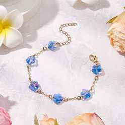 Светло-Голубой Латунные кабельные цепи бусины браслеты для женщин, слива, с гальваническими стеклянными бусинами и 304 фурнитурой из нержавеющей стали, Небесно-голубой, 7 дюйм (17.7 см)