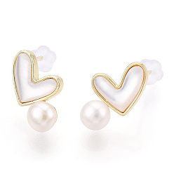 Real 18K Gold Plated Natural White Shell Heart & Pearl Stud Earrings, Brass Earring with 925 Sterling Silver Pins, Real 18K Gold Plated, 14x8.5mm, Pin: 12x0.8mm