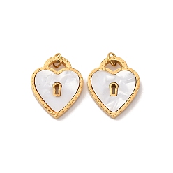 Настоящее золото 18K 304 подвески из натуральной ракушки из нержавеющей стали, подвески в форме замка-сердечка, с прыжковых колец, ионное покрытие (ip), белые, реальный 18 k позолоченный, 17x14x2 мм, отверстие : 2.5 мм