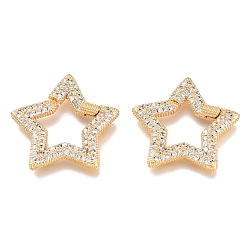 Clear Brass Micro Pave Cubic Zirconia Spring Gate Rings, Star, Golden, Clear, 23.5x23.5x2.5mm, Inner diameter:11.5x11.5mm