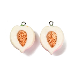 Peach Непрозрачные подвески смолы, фрукты, с платиновыми тоновыми железными петлями, персик, 28~29x21~22x17.5~18.5 мм, отверстие : 2 мм