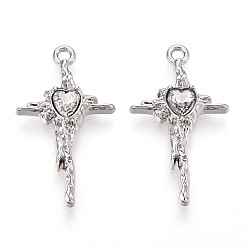 Платина Подвески из сплава со стразами, крест сердце, без кадмия, без никеля и без свинца, платина, 27.2x15.3x2.9 мм, отверстие : 1.6 мм