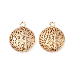 Настоящее золото 18K Латунные подвески, без кадмия, без никеля и без свинца, плоские круглые с деревом, реальный 18 k позолоченный, 19.5x16x5 мм, отверстие : 1.8 мм
