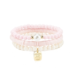 Pink 3 браслеты ручной работы из полимерной глины Heishi Surfer Stretch со стеклянным жемчугом, опрятные браслеты с подвесками из сплава для женщин, розовые, внутренний диаметр: 2-1/8 дюйм (5.5 см)