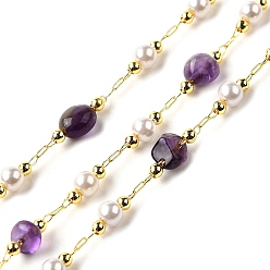 Аметист Цепочки из бусин с натуральными аметистовыми самородками ручной работы, пайки, с бусинами из АБС-пластика и фурнитурой из латуни с покрытием из стойки, долговечный, без свинца и без кадмия, с катушкой, реальный 18 k позолоченный, 3~6x3~4.5x3~4.5 мм