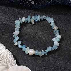 Аквамарин Браслеты из натуральной аквамариновой крошки для женщин, с культивированным пресноводным жемчугом, внутренний диаметр: 2-1/8 дюйм (5.5 см)