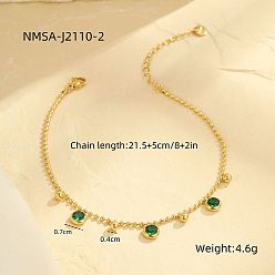Зеленый 304 Браслеты на лодыжку из нержавеющей стали с плоскими круглыми подвесками из кубического циркония, золотые, зелёные, 8-1/2 дюйм (215 мм)