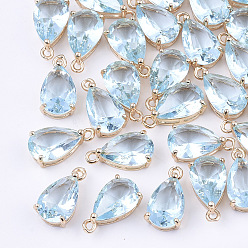 Бледно-бирюзовый Прозрачные стеклянные амулеты, с латунной фурнитурой , граненые, слеза, золотой свет, бледные бирюзовая, 15x8x6 мм, отверстие : 1.2 мм