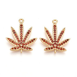 Оранжево-Красный Латунные микро проложить кубического циркония подвески, кленовый лист подвески, долговечный, без никеля , реальный 18 k позолоченный, оранжево-красный, 24.5x20x2 мм, отверстие : 1.5 мм