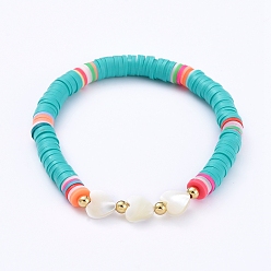 Medium Turquoise Stretch Bracelets, with Handmade Polymer Clay Heishi Beads, Heart Natural Sea Shell Beads and Round Brass Beads, Medium Turquoise, 2-1/4 inch(5.6cm)