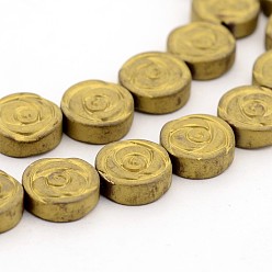 с Золотистым Покрытием Гальванизировать немагнитных синтетический гематит бисер пряди, плоские круглые с розовым рисунком, с золотым покрытием, 10x3.5 мм, отверстие : 1 мм, около 41 шт / нитка, 16 дюйм