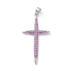 Платина Латунные микро проложить кубического циркония подвески, крестик, ярко-розовый, платина, 38.8x20x2 мм, отверстие : 4x5 мм