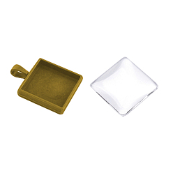 Античное Золото Поделки кулон решений, Сеттинги для кабошонов или кулона, сплав, тибетский стиль , со стеклянными квадратными кабошонами, без свинца и без никеля , античное золото , 32x24x4.5 мм, отверстие: 7x3.5 мм, стекло: 20x20x5~6 мм, 2 шт / комплект