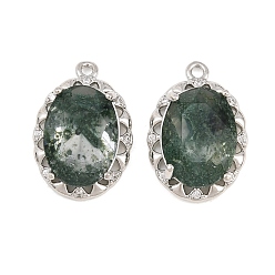 Dark Green Brass Glass Pendants, Oval Charms, Faceted, with Glitter Powder, Platinum, Dark Green, 20x14x5.5mm, Hole: 1.4mm