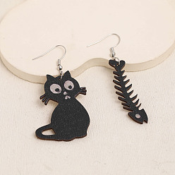 Cat Shape Acrylic Dangle Earrings for Women, Platinum, Cat Shape, 65x11mm & 64x32mm