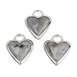 Лабрадорита Ограненные подвески из натурального лабрадорита, Подвески в форме сердца из латуни с драгоценными камнями в оправе, платина, 22x18.5~19x7 мм, отверстие : 5x4 мм