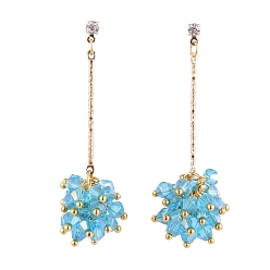 Deep Sky Blue Faceted Glass Beads Stud Earrings, Cluster Earrings, with Iron Bar Links, Brass Stud Earring Findings and Ear Nuts, Deep Sky Blue, 53.5mm