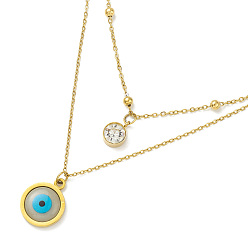 Golden Ion Plating(IP) 304 Stainless Steel Satellite & Cable Chains Double Layer Necklace, Crystal Rhinestone & Resin Evil Eye Charms Necklace for Women, Golden, 14.76 inch(37.5cm)