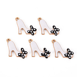 White Alloy Enamel Pendants, Cadmium Free & Lead Free, Light Gold, High-Heeled Shoes with Butterfly, White, 20x20.5x2.5mm, Hole: 1.5mm