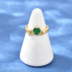 Green Mother's Day Brass Pave Cubic Zirconia Cuff Open Rings, Heart with Word Mom, Lead Free & Cadmium Free, Long-Lasting Plated, Rack Plating, Real 18K Gold Plated, Green, 7.5mm, Inner Diameter: 17mm