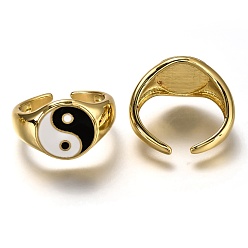 Schwarz Manschettenringe aus Messingemail, offene Ringe, langlebig überzogen, flach rund mit Klatsch / Yin Yang, echt 18 k vergoldet, Schwarz, uns Größe 6, Innendurchmesser: 17 mm