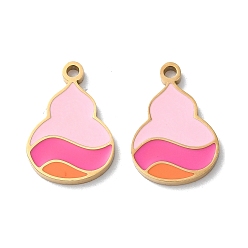 Pink Ion Plating(IP) 304 Stainless Steel Pendants, with Enamel, Gourd Charm, Golden, Pink, 17x11.5x1.5mm, Hole: 1.6mm