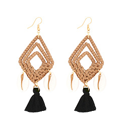 Black Western Style Dangle Earings, with Woven Rattan, Cowrie Shell and Tassel, Rhombus, Black, 100x40mm