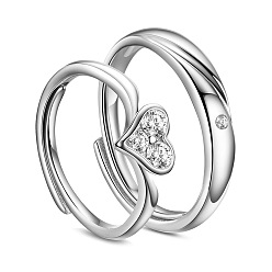 Platinum Awesome Rhodium Plated 925 Sterling Silver Couple Rings, with AAA Cubic Zirconias and Heart, Platinum, 16mm&18mm, 2pcs/set