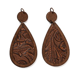 Коричневый Большие подвески из дерева и кожи, слезинки, кофе, 80.5x36.5x3.5 мм, отверстие : 5 мм