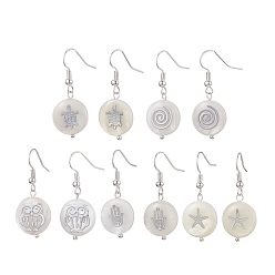Mixed Shapes Natural Freshwater Shell Dangle Earring, with Iron Earring Hooks Finding, Flat Round, Mixed Shapes, 37.5x16mm