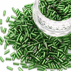 Зеленый Никелированный стеклянные бусины стеклярус, металлических цветов, зелёные, 4~5x2 мм, отверстие : 1 мм, Около 14000 шт / фунт