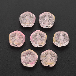 Pêche Perles de verre peintes par pulvérisation transparentes deux tons, fleur de prunier fleur, peachpuff, 10x10.5x4mm, Trou: 1.2mm
