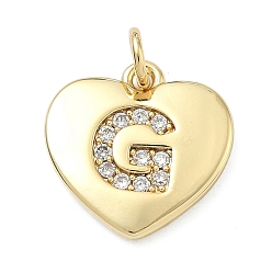 Letter G Латунные микропаве прозрачные подвески с фианитом, сердце прелести, без кадмия и без свинца, стойки покрытие, долговечный, реальный 18 k позолоченный, Буква G, 15x15x2 мм, отверстие : 3 мм