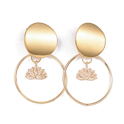 Golden 304 Stainless Steel Dangle Stud Earrings, with Ear Nuts and Brass Rings & Pendants, Lotus Flower, Golden, 46~47mm, Pin: 0.8mm