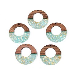 Средний Бирюзовый Подвески из непрозрачной смолы и орехового дерева, плоские круглые прелести, с блестящей пудрой и золотой фольгой, средне бирюзовый, 38x3~3.5 мм, отверстие : 2 мм