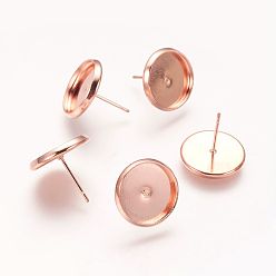 Rose Gold Flat Round Brass Stud Earrings Settings, Cadmium Free & Nickel Free & Lead Free, Rose Gold, Tray: 12mm, 14mm, Pin: 0.7mm