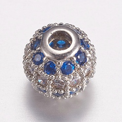 Platinum Brass Micro Pave Cubic Zirconia Beads, Round, Royal Blue, Platinum, 6mm, Hole: 1.5mm