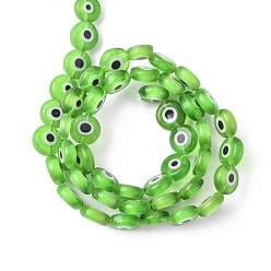 Lime Green Handmade Evil Eye Lampwork Flat Round Bead Strands, Lime Green, 8x3.2mm, Hole: 1mm, about 49pcs/strand, 14.56 inch