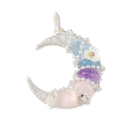 Argent Pendentifs en fil de quartz rose naturel, aigue-marine et améthyste lavande, montés sur fil, breloques lune avec fleur acrylique, argenterie, 39.5x32.5x11.5mm, Trou: 5.5x3mm