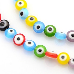 Mixed Color Handmade Evil Eye Lampwork Bead Strands, Flat Round, Mixed Color, 6x4mm, Hole: 1mm, about 68pcs/strands, 15 inch