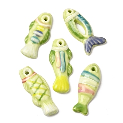 Green Yellow Hand-Painted Porcelain Big Pendants, Fish Charms, Green Yellow, 68.5~72x27.5~29.5x11.5~12mm, Hole: 4.5mm