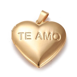 Real 18K Gold Plated Ion Plating(IP) 304 Stainless Steel Locket Pendants, Photo Frame Charms for Necklaces, Heart with Diamond & TE AMO, Real 18k Gold Plated, 29x29x6.5mm, Hole: 3.5x7mm, Inner Size: 16x21mm
