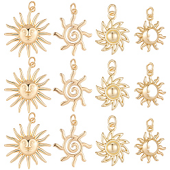 Настоящее золото 18K 12 шт 4 стили латунные подвески, с целью перехода в кольце, без кадмия и без свинца, солнечные чары, реальный 18 k позолоченный, 17~26.5x15~25x1.5~3.5 мм, отверстие : 3 мм, 3 шт / стиль