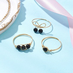 Обсидиан Круглые натуральные обсидиановые перстни для женщин, Кольца из медной проволоки золотистого тона, бантом, внутренний диаметр: 18~18.5 мм, 3 шт / комплект