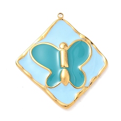 Светло-Голубой 304 подвески из нержавеющей стали, с эмалью, ионное покрытие (ip), ромб с подвеской-бабочкой, реальный 18 k позолоченный, Небесно-голубой, 38x35x3.5 мм, отверстие : 1.5 мм