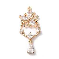 Прозрачный Латунные подвески, со стеклом, цветок с каплей, золотые, прозрачные, 31x13x4 мм, отверстие : 1 мм