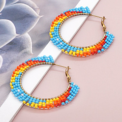 Золотой Серьги-кольца ручной работы из стеклянного бисера., С 304 результатами из нержавеющей стали, золотые, 40x45 мм